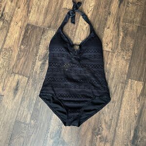 Clean Water Black Lace One Piece Swimsuit Women’s M Tie Back Swimwear Halter